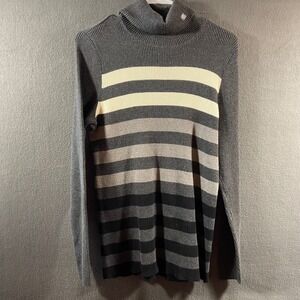 Ralph Lauren women Turtleneck Sweater 1x gray Striped Ribbed Knit neutral preppy